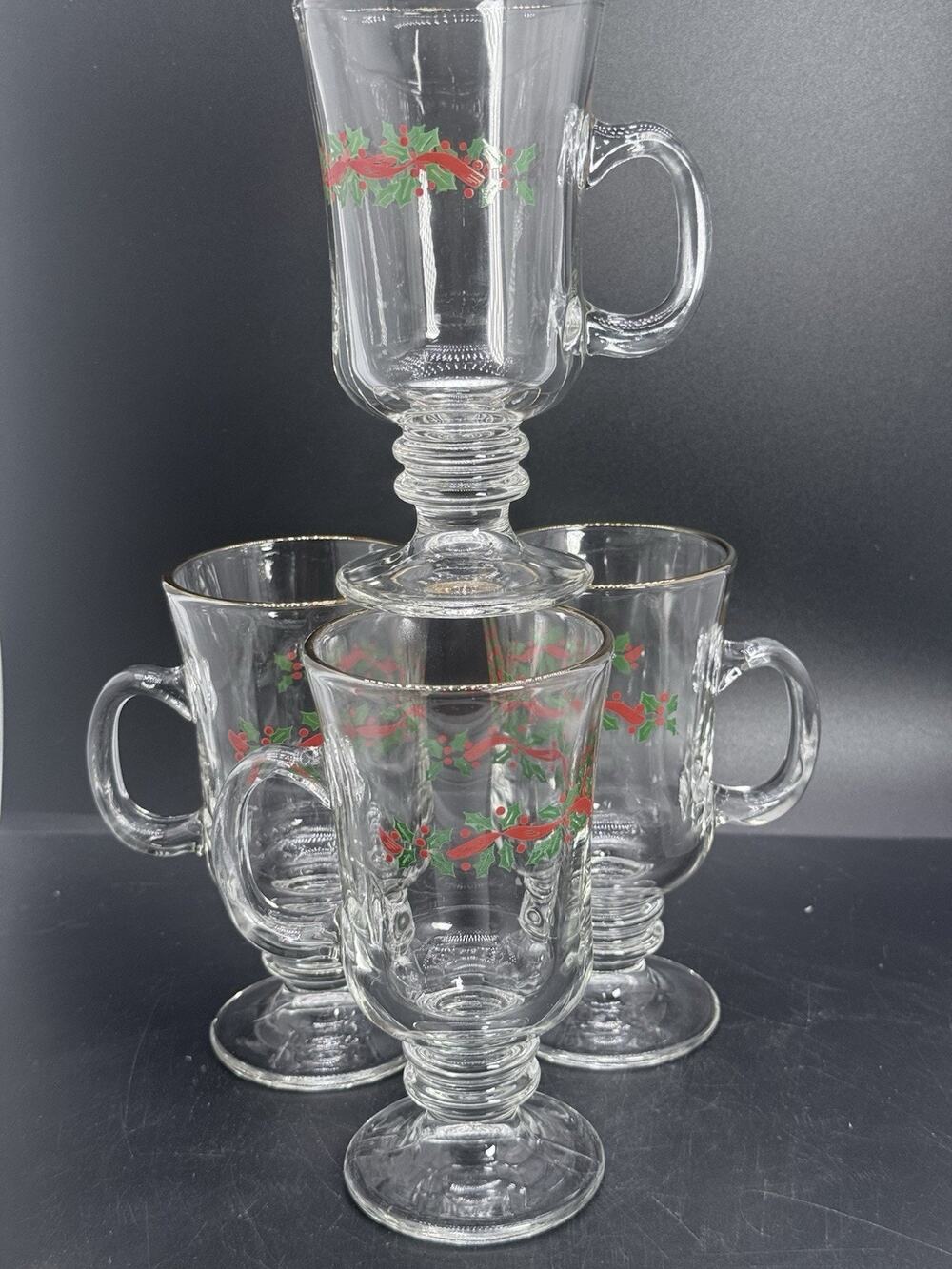 4 Libbey Irish Coffee Mug Glass Christmas Holly Berry Red Ribbon Gold Rim Footed